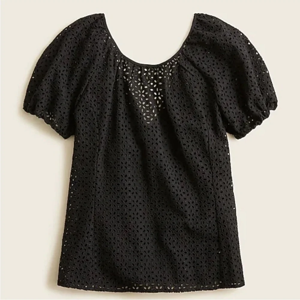 J. Crew V-Back Puff Sleeve Black Eyelet Top w Built In Tank. Size 12